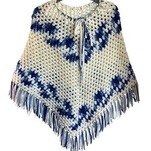 Handmade Crochet Poncho Blue White Fringe Hem Adjustable Coastal Cottage